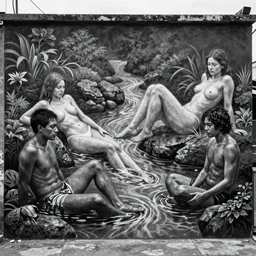 by heather theurer, by darwyn cooke vantablack, in indonesia meticulous, fine. the street art of four bathers in a stream or river, with two men & two women. the bathers are shown in different positions, with one woman lying down & the other three standing. the street art has a very naturalistic style, with trademark use of bold colors & brushstrokes. the overall effect is one of a peaceful scene, with the bathers enjoying the refreshing water.
