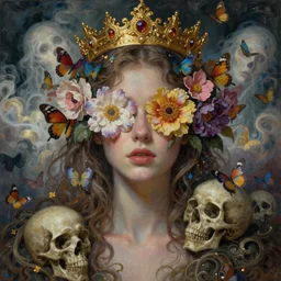 ornate, intricate, young, beautiful, woman, ethereal, flowers covering eyes, art by emil melmoth, gustave dore, craig mullins, yoji shinkawa, skulls, art germ, pete morbacher, hyper detailed, high detail, artstation, rendering by octane, unreal engine, cinematic, ghost, clouds, colors, paint strokes, butterflies, gold, crown,