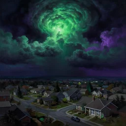a suburban neighborhood with deep green and purple glowing clouds. highly detailed science fiction painting by norman rockwell, frank frazetta, and syd mead. rich colors, high contrast, gloomy atmosphere, dark background. trending on artstation.