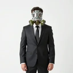 A man wearing a suit and a gas mask standing in a white room, illustration, etching, in the style of Otto Dix, high quality, highly detailed, artstation