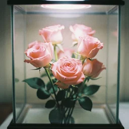 chrome flowers in the terrarium, film photo, soft lighting album cover, nostalgia, rose gradient