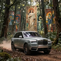 a concept suv designed by rolls royce and zaha hadid, driving through an indian forest, artgerm and greg rutkowski and alphonse mucha, an epic fantasy, volumetric light, detailed, establishing shot, an epic fantasy, trending on art station, octane render, midsommar