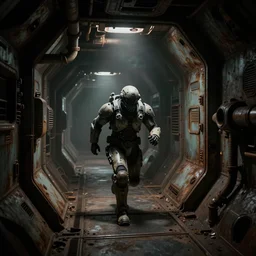 horror movie scene of an individual in futuristic armor being chased down a hallway, running through a deep space mining space station, rusty metal walls, broken pipes, side angle, dark colors, muted colors, tense atmosphere, mist floats in the air, amazing value control, dead space, moody colors, dramatic lighting, ussg ishimura, frank frazetta, hr giger interior