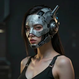 sexy beautiful girl head made of mech mask rendered in unreal engine, cyberpunk, dark scifi, painted by david burliuk bernard buffet | carne griffiths | wlop