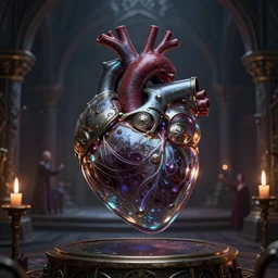 a real human heart inside glass and metal framework with dark magic in the air, inside a medieval dungeon with candley, grimdark magic ritual, 8 k, realistic render, octane render, unreal engine, style by greg rutkowski, intricate details, cinematic lighting