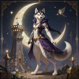 full body photograph of a female anthro husky fursona moon wizard in a magic tower, deep focus, intricate, elegant, highly detailed, digital painting, artstation, concept art, matte, sharp focus, illustration, d & d, fantasy, hearthstone, art by artgerm and greg rutkowski and alphonse mucha