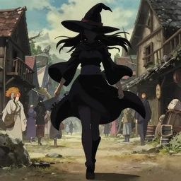 kyoani, murata range, key anime visual portrait of a young female witch walking through a busy medieval village, dynamic pose, dynamic perspective, cinematic, dramatic lighting, muted colors, detailed silhouette, textured, anime proportions, alphonse mucha, perfect anime, yoh yoshinari, takashi murakami