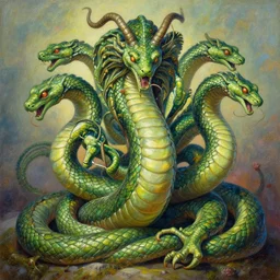 painting of a beautiful rendition of the mythical hydra, giant monster serpent with multiple heads, smt rendition, illustration, artistic, colorful, hyper detailed, in the style of greg rutkowski,