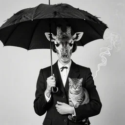 photographic portrait max ernst sad woman giraffe feathers, wearing a suit, holding an umbrella and a cat, spiraling, cigarette smoke, editorial