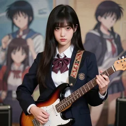 a cute girl wearing school uniform playing electric guitar | | really good looking face!!, good shape guitar, realistic shaded perfect face, fine details, anime, realistic shaded lighting poster by ilya kuvshinov katsuhiro otomo ghost - in - the - shell, magali villeneuve, artgerm, jeremy lipkin and michael garmash and rob reyt