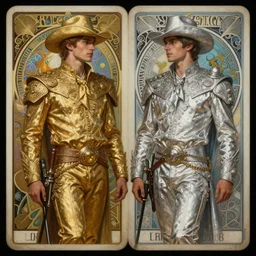 a dramatic ethereal epic symmetrical painting of handsome cowboy twins | one is wearing gold and one is wearing silver | tarot card, art deco, art nouveau, (steampunk), realistic, intricate | by Mark Maggiori and ((((Alphonse Mucha))) | trending on artstation