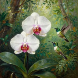 painting of an miltonia orchid and a hummingbird in front of a jungle landscape by martin johnson heade