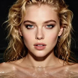 editorial closeup portrait of wet sexy girl, fully covered in liquid, by mike dargas, blonde, curly hair, clean face, slutty make up, symmetrical face, looking straight, smooth skin, jewelry, ecstasy, cute, fashion editorial photography, from vogue magazine, ultra realistic, reflections, from eyes wide shut movie, fully submerged in liquid