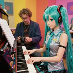 hatsune miku playing piano by rembrandt and konstantin razumov, psychedelic, vibrant colors, masterpiece