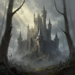 digital painting of a thorns castle in the middle of a spire forest, foggy morning, lightshafts, in the style of greg rutkowski, trending on artstation