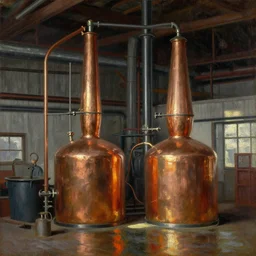 oil painting of copper potstill in factory, art by anders zorn, wonderful art by greg rutkowski, beautiful cinematic light, american romanticism by greg manchess, reflections and refraction, sunlight