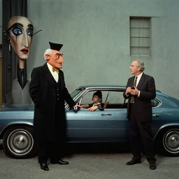 the hip creature sells a used car, film still from the movie directed by denis villeneuve and david cronenberg with art direction by salvador dali and zdzisław beksinski, wide lens