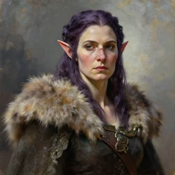 oil painting a female medieval fantasy tolkien elf, dark purplish hair tucked behind ears, wearing a fur lined collar, wide face, muscular build, scar across the nose, cinematic, character art, detailed.