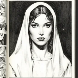 portrait of a female space priestess by arthur adams and moebius and chip zdarsky, stunning, comic, pen and ink, slash page, highly detailed