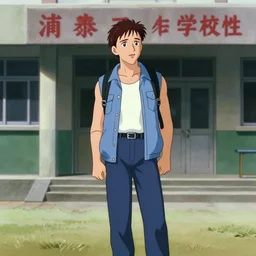 film still of a 2000s anime film, ryan gosling stands outside a school