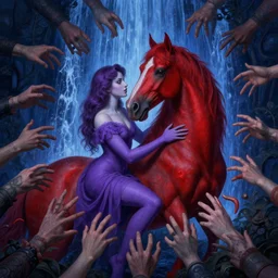 only with purple, ney motogrosso in love with a red stallion, too many hands in all directions, in hoc signo vinces, waterfall, in the style of leonora carrington, gottfried helnwein, intricate composition, blue light by caravaggio, insanely quality, highly detailed, masterpiece, red light, artstation