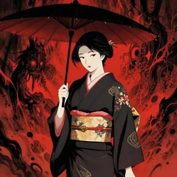 a woman in a kimono holding an umbrella, an anime drawing by Kaburagi Kiyokata, featured on pixiv, shin hanga, hellish background, pixiv, official art