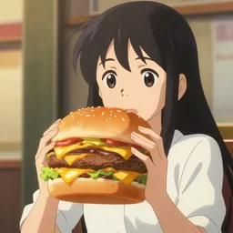 anime anime portrait, anime girl holding a mile high cheese burger, a very giant cheeseburger with many many layers, volumetric lighting, by makoto shinkai