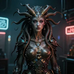 Cyberpunk medusa, dark atmosphere, cinematic shot, intricate, ornate, photorealistic, ultra detailed, realistic, 35mm, photography, neon, octane, high definition, depth of field, bokeh, 8k, artstation, (alphonse mucha), ((hr giger))