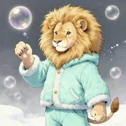 aesthetic portrait commission of a albino male furry anthro lion cub popping floating bubbles while wearing a cute mint colored cozy soft pastel winter outfit, winter Atmosphere. Character design by charlie bowater, ross tran, artgerm, and makoto shinkai, detailed, inked, western comic book art, 2021 award winning painting