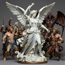 high intricate porcelain baroque angelic warrior fighting the army of the demon lord, 8 k, hyperrealistic hyperdetailed maria panfilova, andrea savchenko, mike kime, ludovic plouffe, qi sheng luo, oliver cook, trending on artstation