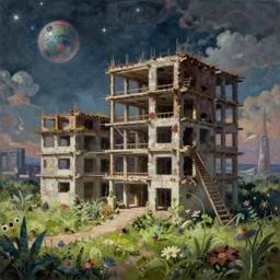 a beautiful detailed painting of unfinished building urbex city exhibitions gallery by alvaro leite siza vieira, futuristic meadow magic realism darkacademia extraterrestial elysian, archdaily, wallpaper, highly detailed, trending on artstation.