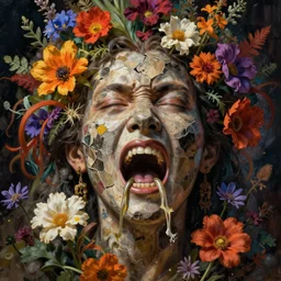 the broken face of the and with rage of psychosis, of stone wood vomiting herbs and multicolored flowers