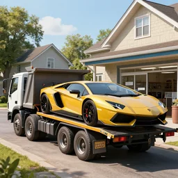 a lamborghini being towed by a dump truck in front of a sunny suburban repair shop, hyper realistic, extremely detailed, raytracing, art by artgerm, greg rutkowski and alphonse mucha, artstation, octane render