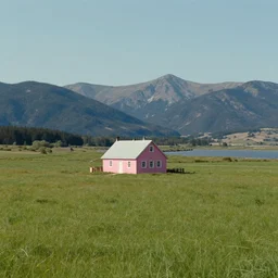 still frame from a wes anderson movie of a meadow with a small pink farm house with a river and mountains, at dusk with the milky way stars, 1 6 mm f 1. 4 lens, nikkor, canon, sigma, award - winning landscape photography