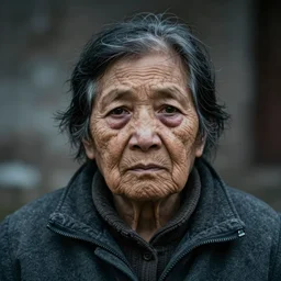 a close up portrait of a solitary old underweight lady is cold