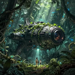 a matte painting of a huge abandoned alien spaceship overgrown with vines deep in the jungle. mysterious glow emits from the inside of the spaceship. very detailed uhd concept art by hayao miyazaki and stephan martiniere, volumetric lighting, god rays. bioluminescent, sence of awe, megalophobia. trending on artstation.