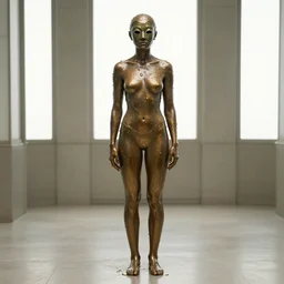 the full body shot of dressed woman in bronze mask covered with wax inside the room without doors and windows | inception movie by ridley scott with cinematogrophy of christopher doyle and art direction by hans giger, anamorphic bokeh and lens flares, 8 k, higly detailed masterpiece