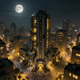 small building, city, street view, science fiction, cyberpunk, night, wide angle, full of people, moon, a lot of yellow lights, cinematic lighting, high detail, digital painting, concept art, illustration, smooth, sharp focus, trending on artstation, trending on deviantart, 4 k