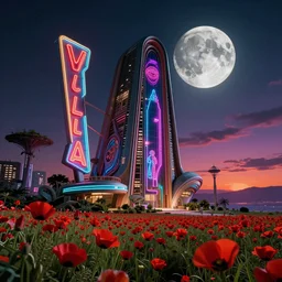 architecture by salvador dali, retro otherworldly neon signs moon at night tron reclaimed by nature san andreas futuristic matte painting poppy at dawn dieselpunk postcyberpunk sunset vice city synthwave extraterrestial nature fantasy at dusk neon noir fisheye hyperrealism cgsociety at fall, archdaily, wallpaper, highly detailed, trending on artstation.