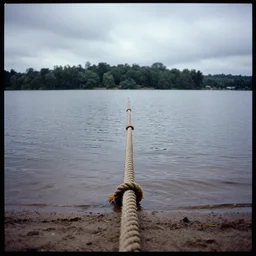 centered photograph of a single line of thick brown \ long rope floating on the surface stretching out to the center of the lake, a dark lake sandy shore on a cloudy day, color film, trees in the background, hyper - detailed kodak color film photo, anamorphic lens 2 0 0 1