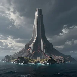 star wars concept art by greg rutkowski, a palatial and imposing grey wide tower emerging from a volcano in the middle of a ocean landscape, enigmatic atmosphere, beautiful and cinematic lighting, artstation hq.
