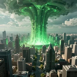 an green massive interdimensional portal opening in the center of a vast megacity, judge dredd, dredd, volumetric light, rendered in octane, ray tracing on epic settings, epic scale, epic scene