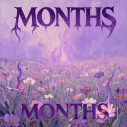 metal album cover, months, purple fire, flower field, pastel painting, Doom metal