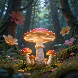 fantastic mushrooms and big flowers in the magic forest, photorealistic, by affandi, high light, epic lighting, glow, high detailed, 4 k resolution