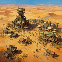 highly detailed painting view from bird's eye postapo steampunk humankind last shelter/vibrant/crowded small village in the middle of wasteland in Mad Max style by Daniel Dociu and Greg Rutkowski trending on Artstation, postapo desert, 4K, high quality