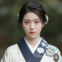 A beauty asian woman wearing a kimono, face center close-up, realistc Photography portrait, Photorealistic Color Scheme