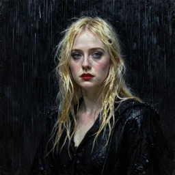 a striking esoteric painting of Elle Fanning in the rain, dark, metal, black background, occult, by John William Waterhouse