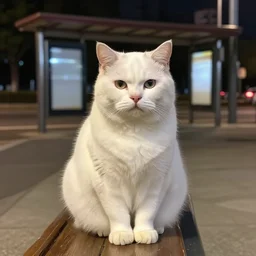 Fat white cat waiting at a bus station at night, photorealistic