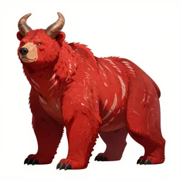 Crimson red, draconian grizzly bear, scaly, demonic, reptilian, white stripes all over its body, character design sheet, Moebius, Greg Rutkowski, Zabrocki, Karlkka, Jayison Devadas, Phuoc Quan, trending on Artstation, 8K, ultra wide angle, zenith view, pincushion lens effect.