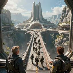 fantasy scifi scene martin deschambault and canaletto of open airport terminal inside a deep valley, many soliders marching in formation on a bridge in the valley leading to a gigantic ancient advanced temple, mass effect, epic cinematic composition, sunny morning light, fine details, hyperrealism, aerial view
